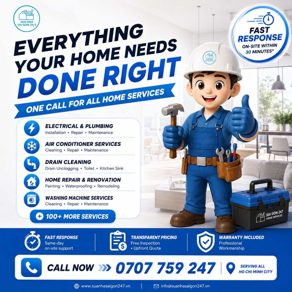 Sai Gon 247 Home Services mascot promoting professional home repair and maintenance services in Ho Chi Minh City